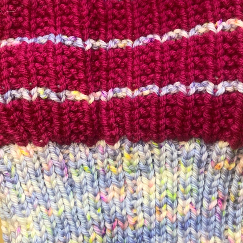 Speckled Blue and Raspberry Striped Slouchy Hat with Pink and Blue Pom