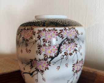 Vintage Japanese Porcelain Jar - Hand-Painted Pink Cherry Blossoms & Gold Gilt