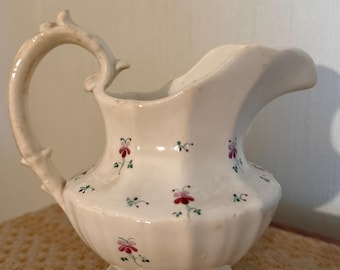 Vintage Staffordshire Style Sprigware Creamer – White Scalloped Porcelain with Delicate Floral Sprigs – 1800s Era