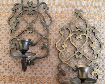 Vintage Matched Pair of Ornate Brass Heart Wall Stylized Scroll Candleholders