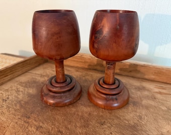 Matched set of 2 Vintage MCM Hand-Turned Wood Marriage Goblets