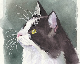 Original hand painted watercolor of a black and white cat art painting Tuxedo Cat portrait gifts for cat moms, Studio Milamas