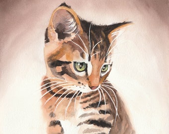 Original handgemaltes Aquarell einer kleinen getigerten Katze 24x32 cm Kunst Gemälde Einzelstück Geschenk für Katzenfreunde, Studio Milamas