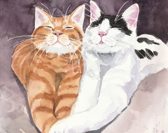 Beste Freunde Love Cats handgemaltes Original Aquarell Gemälde 24x32 cm Kunst Tuxedo und Ginger Tabby Katzen Geschenke für Katzenfreunde