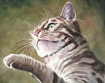 Original Watercolor Painting, Tabby Cat, Playing Cat, Cat Painting, Painting, Watercolor Cat, Pet, Art, handmade Art, gift, Studio Milamas
