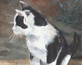 Original hand-painted watercolor of a black and white kitten Tuxedo Kitten art painting unique piece for cat fans, Studio Milamas
