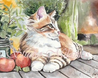 Fine Art Print of my original watercolor "Hunting", cat , pet, quality print, watercolor Art, special Gift, cat painting