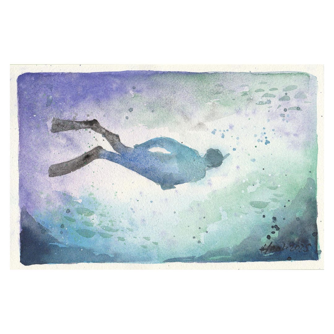 Hand-painted Original Watercolor of a Diver, Small Painting Art, Ocean ...