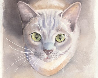 Original handgemaltes Aquarell einer jungen Tonkanese /Burma Katze Kunst Gemälde originelle Geschenke für Katzenliebhaber, Studio Milamas