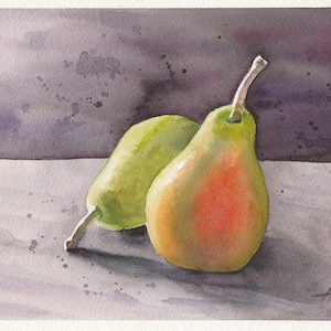 Two pears hand painted original watercolor, still life art special gift idea for art lovers