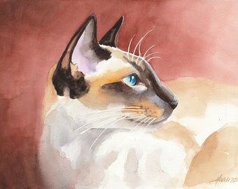 Seal Point Siamese Cat, Cat Painting, Original Watercolor Painting, 9.4 x 12.6 inch, Art, Cat, Animals, handpainted, Gift, Studio Milamas