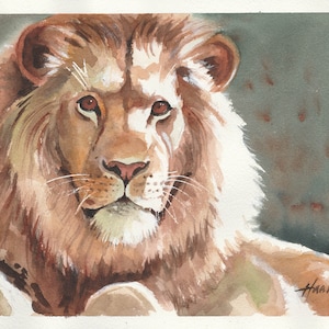 Lion Original Hand Painted Watercolor Art Painting Portrait of a Lion Big Cat Africa Big Five Wildlife, Studio Milamas