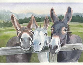 Drei Esel Original handgemaltes Aquarell Kunst Gemälde Tierbilder Bauernhof Geschenke für Tierliebhaber, Studio Milamas
