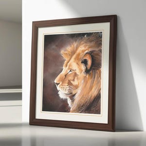 Acquerello originale dipinto a mano di un leone, dipinto d'arte ritratto di leone grande felino Africa fauna selvatica, Studio Milamas