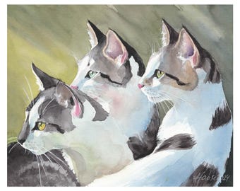 Original hand-painted watercolor with three white-grey cats, art painting unique cat portraits for cat lovers, Studio Milamas