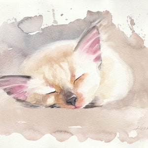 Handgeschilderde originele aquarel van een lieve baby Siamese kat 24 x 32 cm, schilderij kunst kitten Siamese kat cadeau idee, Studio Milamas