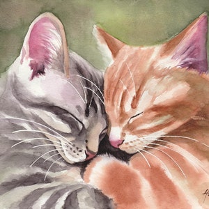 Gatti che si coccolano Acquerello originale dipinto a mano 24 x 32 cm arte simpatici gatti soriani pezzo unico Lovecats, Studio Milamas