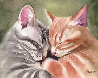 Original Watercolor Painting, Cuddle Cats,  9.4 x 12.6 inch, Cat, Art, Two Tabby cats, Cat Portrait, Cat Painting, gift, Studio Milamas