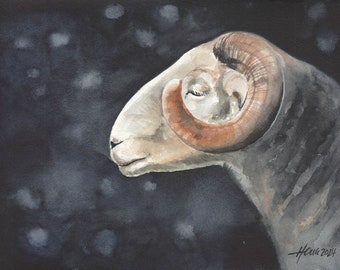 Original Aquarell eines Schafbocks Kunst Gemälde heimische handgemalte Tierbilder Bauernhof Geschenke für Tierliebhaber, Studio Milamas