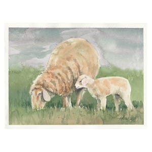 Schaf mit Lamm auf der Wiese Original Aquarell Kunst Gemälde handgemalte Tierbilder Bauernhof Geschenke für Tierliebhaber, Studio Milamas