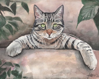 Tabby Cat, Cat, Original Art, handpainted, Original Painting, Watercolor, 9.4 x 12.6 inches, Gift, Pet Portrait, Studio Milamas