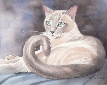 Original handgemaltes Aquarell einer Tonkanese Katze Kunst Gemälde einzigartige Geschenke für Katzenliebhaber, Studio Milamas