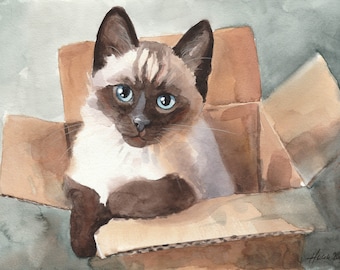 Petit chat siamois Seal Point dans la boîte Aquarelle originale Art Peint à la main Peinture d’image de chat pour les amoureux des animaux Idée cadeau unique