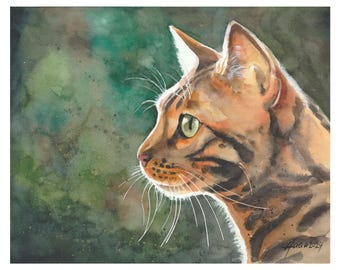 Original hand-painted portrait of a Bengal cat watercolor art cat portrait painting unique gifts for cat lovers, Studio Milamas