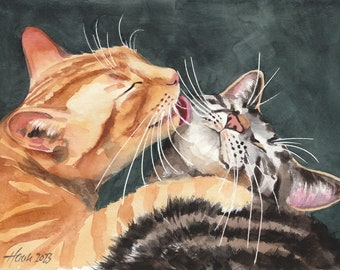 Original Watercolor, Original Painting, 9.4 x 12.6 inch, Cat, Art, Artwork, Two Tabby cats, Cat Portrait, Cat Painting, gift, Studio Milamas