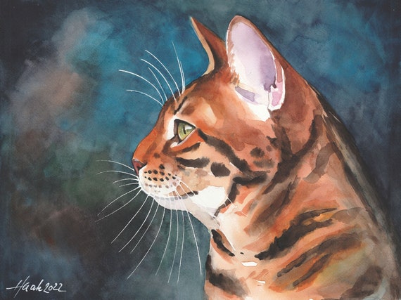 Acquerello originale e dipinto a mano di un gatto del Bengala