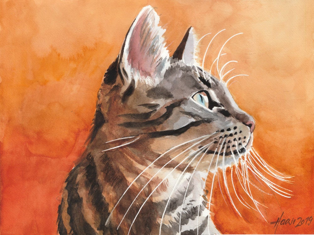 Little Tiger Cat Chat Art Original Watercolor Painting Etsy Little Tiger Cat Chat Art Original Watercolor Painting Etsy