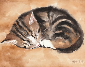 Original handgemaltes Aquarell eines getigerten schlafenden Kätzchens  24x32 cm Kitten Haustier Kunst Gemälde Geschenk für Katzenfreunde
