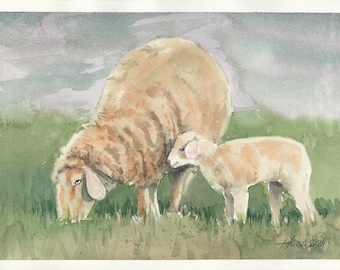 Sheep with Lamb in the Meadow Original Watercolor Art Painting Hand Painted Animal Pictures Farm Gifts for Animal Lovers, Studio Milamas