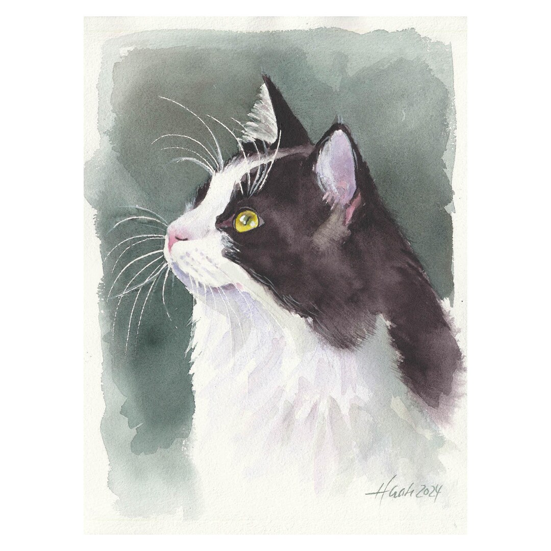 Original Hand-painted Watercolor of a Black and White Cat, Art Painting ...