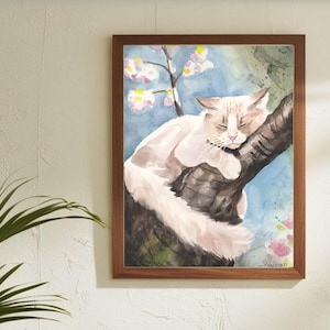 Cat, Cat on a tree, Original Art, Cat Painting, Original Watercolor Painting, 9.4 x 12.6 inch, Animal, Gift, Pet Portrait, Studio Milamas