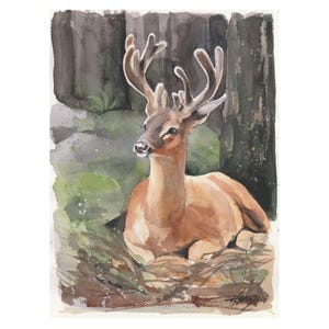 Hirsch im Wald Original handgemaltes Aquarell, Kunst Gemälde heimische Wild- und Waldtiere Geschenkidee für Kunstliebhaber, Studio Milamas