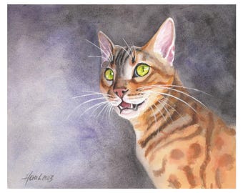 Original hand-painted watercolor of a Bengal cat art cat portrait painting unique gift for cat lovers, Studio Milamas