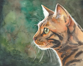 Original hand painted portrait of a Bengal cat watercolor art cat portrait painting unique gifts for cat fans, Studio Milamas