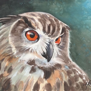 Acquerello originale dipinto a mano di un gufo reale dipinto arte uccello gufo ritratto idea regalo speciale direttamente dall'artista, Studio Milamas