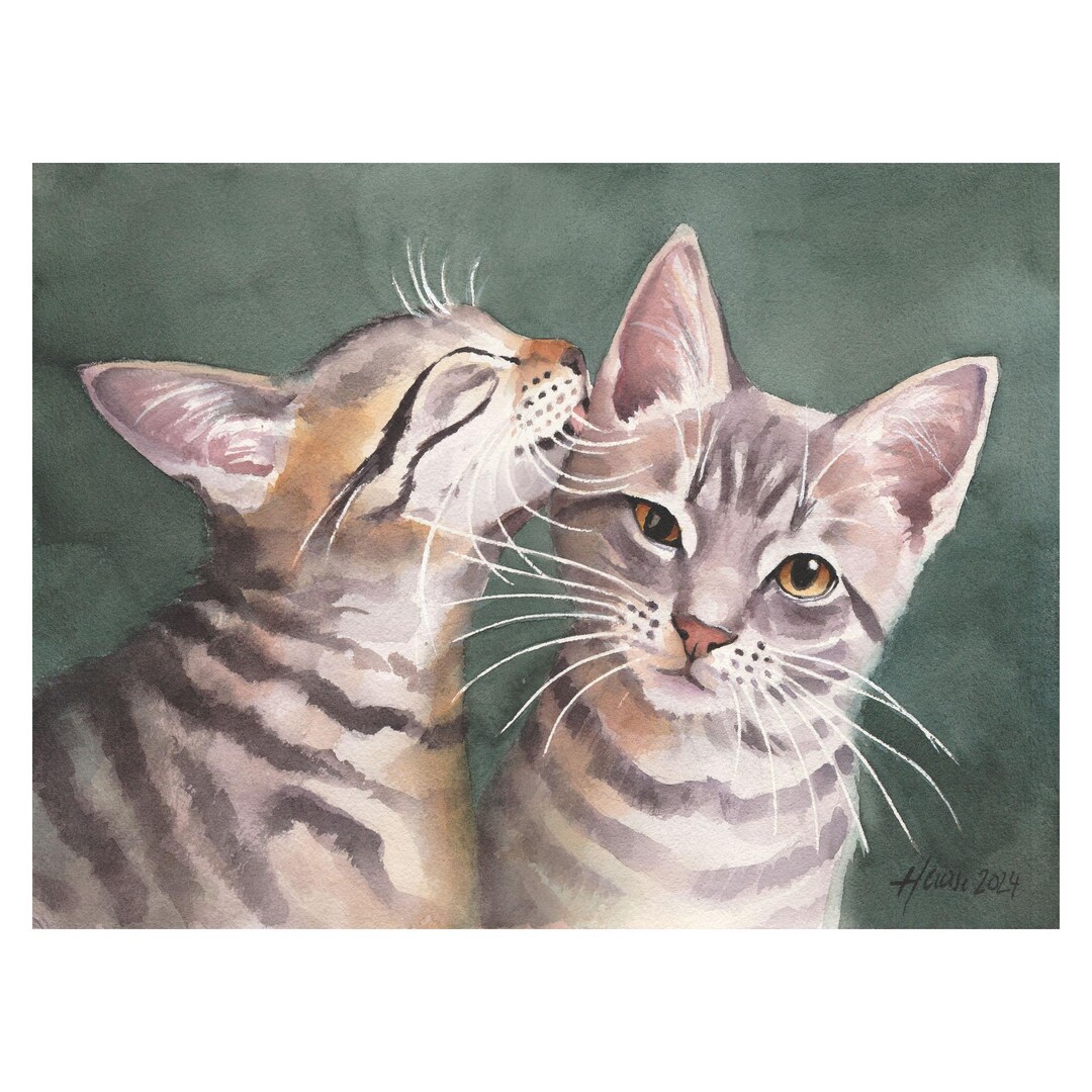 Two Small Tabby Cats, Original Hand-painted Watercolor, Art Painting ...
