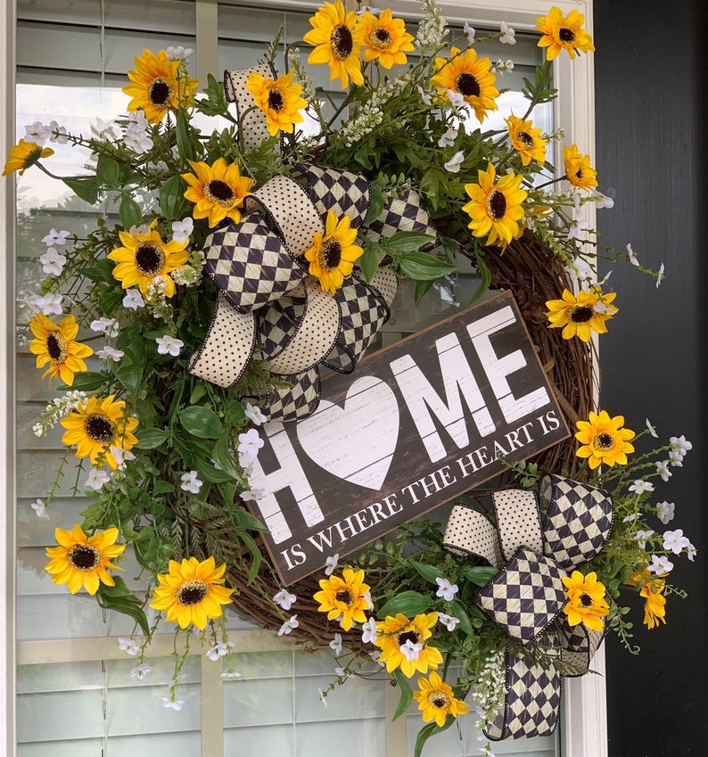 Rustic Decor Yellow and Black Front Door Decor Everyday Decor Home is Where the Heart is Wreath Everyday Wreath Grapevine Wreath