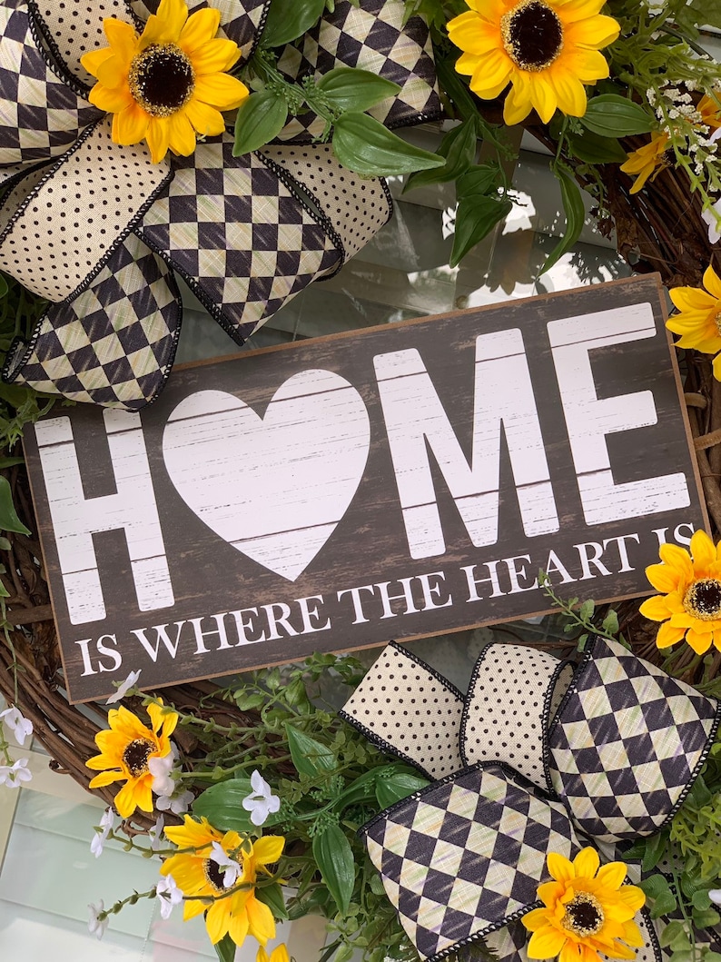 Rustic Decor Yellow and Black Front Door Decor Everyday Decor Home is Where the Heart is Wreath Everyday Wreath Grapevine Wreath