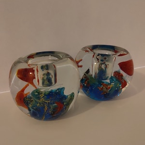 Set of 2 Vintage Murano style art glass candle holder paperweights.