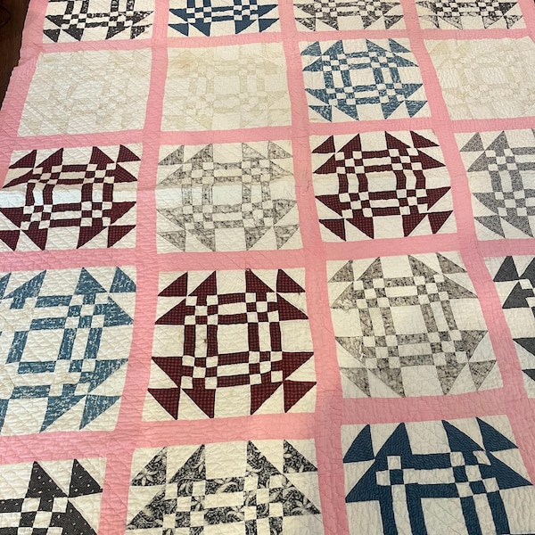 Antique Quilt: Colorful Blocks, 6'x82", Faded Beige, Black Fabric Deterioration