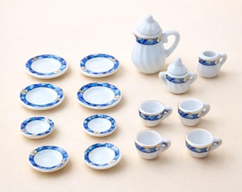Miniature blue porcelain tea set 1:12, Dollhouse tea set, Tiny teapot cups plates, Ceramic miniatures, Dollhouse kitchen decor