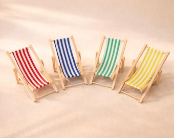 1:12 ミニチュア ビーチチェア 折りたたみ式 ストライプ柄 木製 ビーチ
