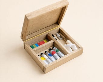 Miniature paint set with wooden box, Dollhouse art 1:12 supplies, Tiny paint tubes tools, Craft miniatures