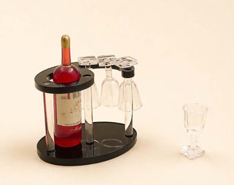 Dollhouse wine bottle cup miniature set, Mini bar display with glasses and stand, Tiny bar accessory decor, Miniature drink