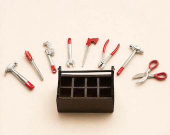Miniature tool set with toolbox, Dollhouse workshop tools, Tiny hammer wrench pliers, Mini garage accessory, Mini repair tools