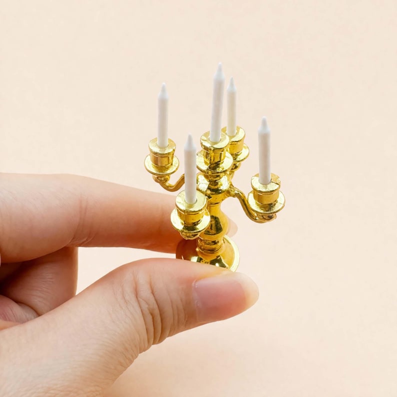 Miniature candelabra, Dollhouse candle holder, Mini vintage decor, Tiny home accessories image 4